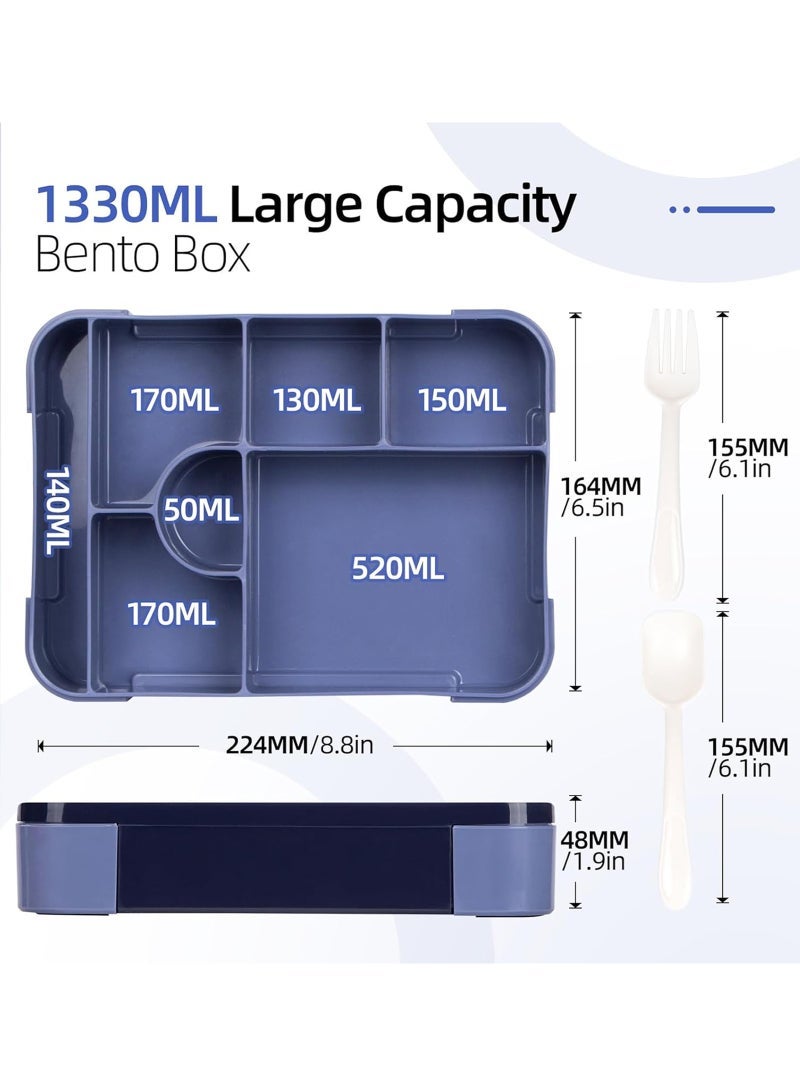 LAIAOCISI Bento Lunch Box, 1330ML Leak-Proof Bento Box for Adults & Kids, Reusable Suitable Freezer Dishwasher, Food Storage Container with 6 Compartments and Cutlery Set, BPA Free Snack Box for Office Microwave Safe - Image 2