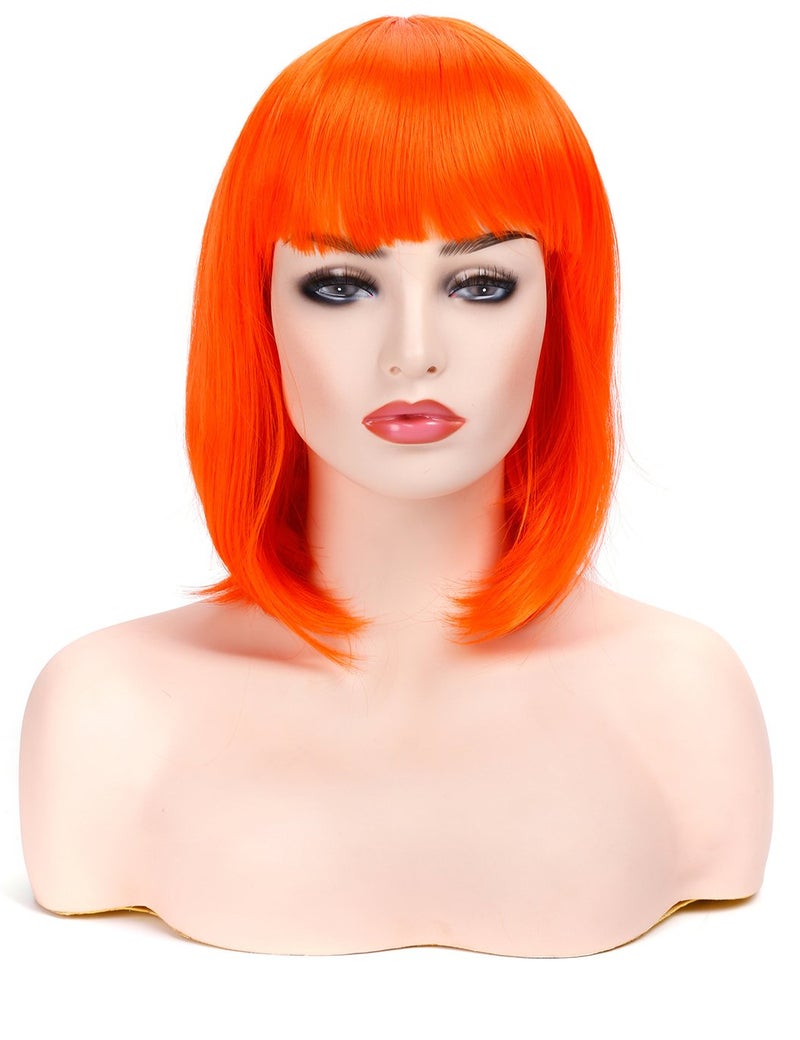 morvally Short Straight Bob Wig Heat Resistant Hair with Blunt Bangs Natural Looking Cosplay Costume Daily Wigs (12", Orange) - Image 2