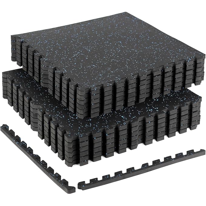 HIAARO 0.56in Thick 48 Sq Ft Exercise Equipment Mats, 12 Tiles Rubber Top EVA Foam Workout Mats, Interlocking Gym Flooring for Home Gym, 24 x 24in, Black & Blue - Image 2