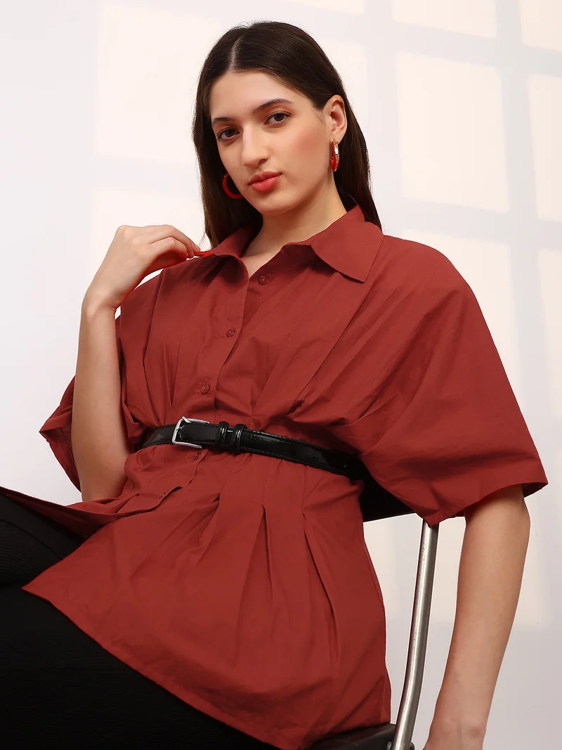 Globus Women Red Spread Collar Extended Sleeves Flared Hem Pleated Shirt