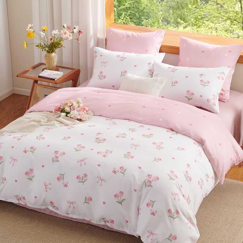 Bildenly Twin Duvet Cover White - Pink Floral Comforter Cover Soft & Lightweight Bedding Set, Microfiber Pink Bow Quilt Cover with Zipper Closure and 1 Pillowcase (68" x 90", No Comforter) - Image 2
