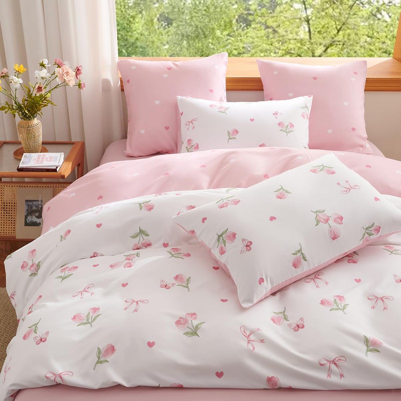 Bildenly Twin Duvet Cover White - Pink Floral Comforter Cover Soft & Lightweight Bedding Set, Microfiber Pink Bow Quilt Cover with Zipper Closure and 1 Pillowcase (68" x 90", No Comforter) - Image 4