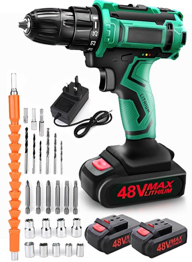 ALongDeng 48V Cordless Drill Set Power Drill Kit with 2 Pcs Battery 25 Position 2 Variable Speed 3/8'' Keyless Chuck Fast Charger and 24 Pcs Accessories with Case - Image 1