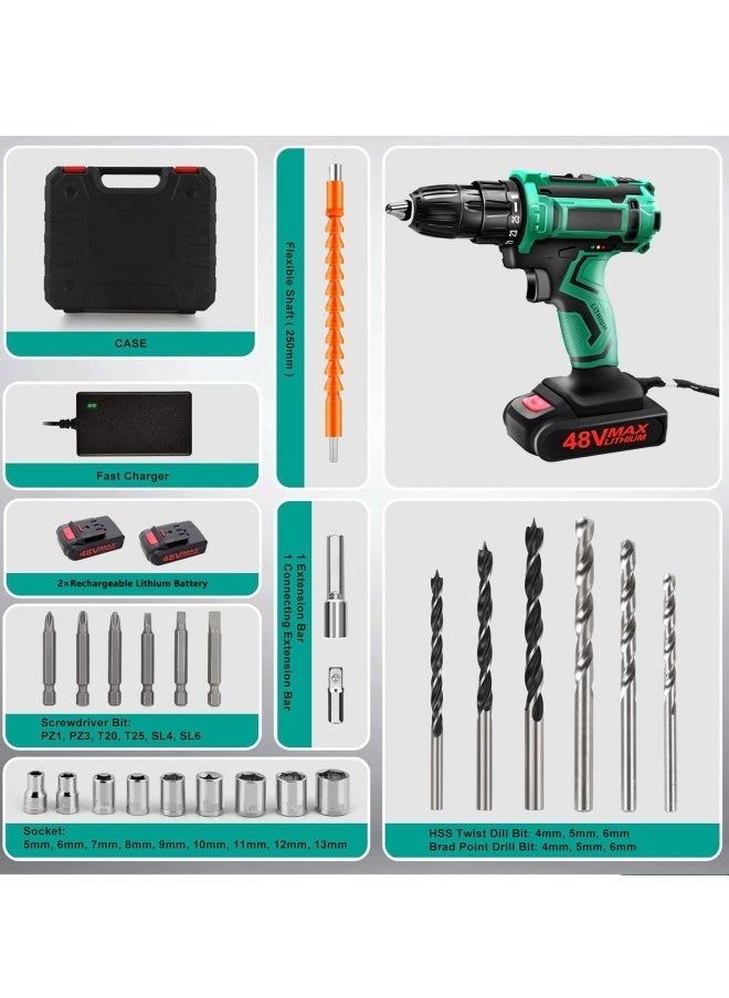 48V Cordless Drill Set Power Drill Kit with 2 Pcs Battery 25 Position 2 Variable Speed 3/8'' Keyless Chuck Fast Charger and 24 Pcs Accessories with Case