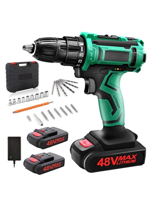 48V Cordless Drill Set Power Drill Kit with 2 Pcs Battery 25 Position 2 Variable Speed 3/8'' Keyless Chuck Fast Charger and 24 Pcs Accessories with Case