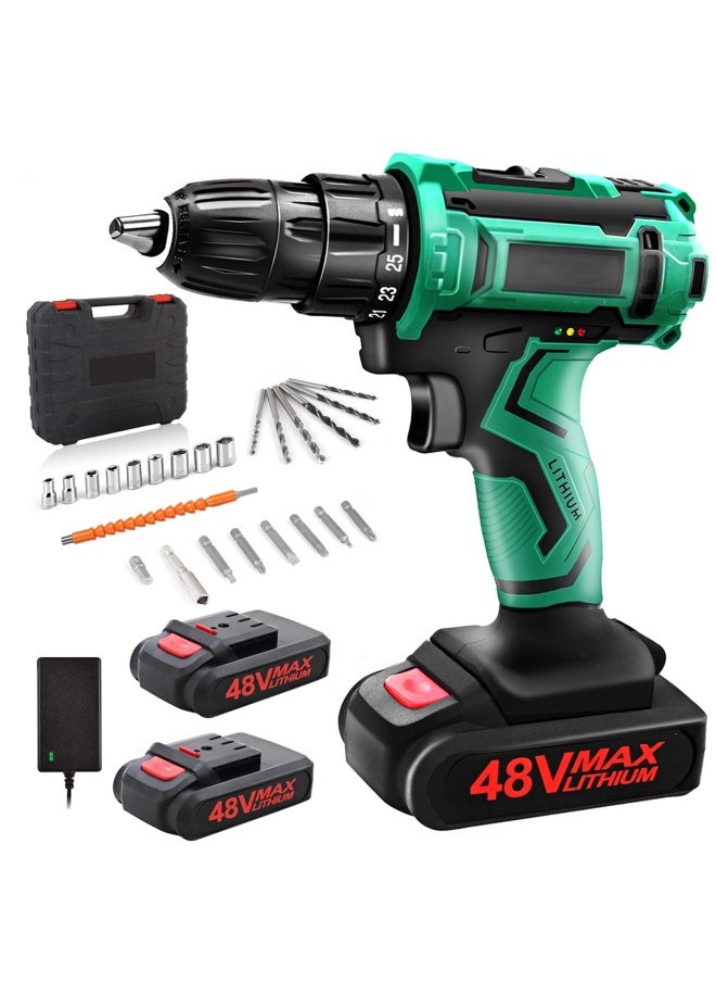 48V Cordless Drill Set Power Drill Kit with 2 Pcs Battery 25 Position 2 Variable Speed 3/8'' Keyless Chuck Fast Charger and 24 Pcs Accessories with Case