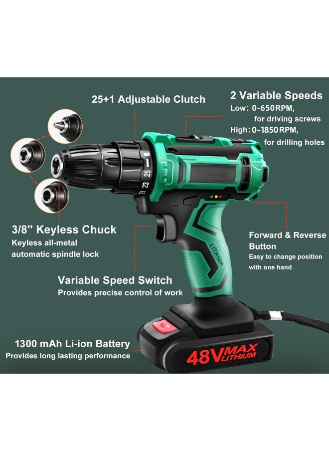 48V Cordless Drill Set Power Drill Kit with 2 Pcs Battery 25 Position 2 Variable Speed 3/8'' Keyless Chuck Fast Charger and 24 Pcs Accessories with Case