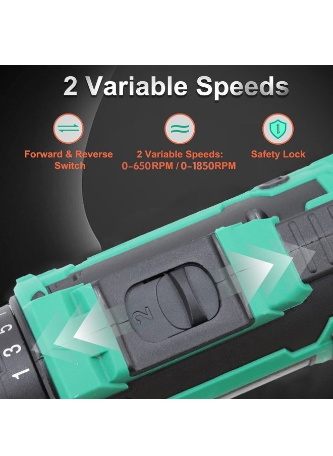 48V Cordless Drill Set Power Drill Kit with 2 Pcs Battery 25 Position 2 Variable Speed 3/8'' Keyless Chuck Fast Charger and 24 Pcs Accessories with Case