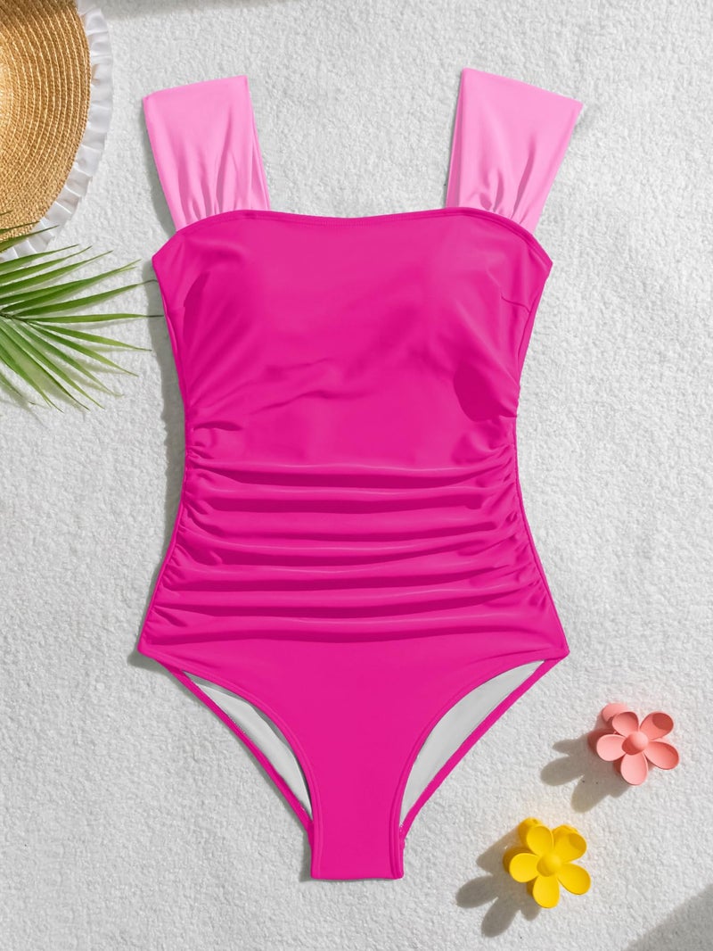 B2prity Womens One Piece Swimsuit Square Neck Tummy Control Bathing Suits Modest Full Coverage Ruched Swimwear Pink,hot Pink - Image 5