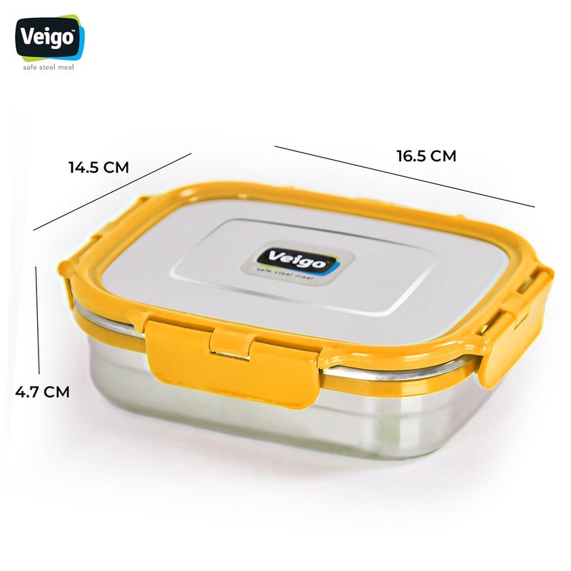 Veigo Veigo Original Stainless Steel Large Lunch Box630 ml Airtight Leakproof Freezer Dishwasher Safe Kids Lunch Box for School Silicone Ring Polymer Frame Safe Lid Lock Yellow - Image 4