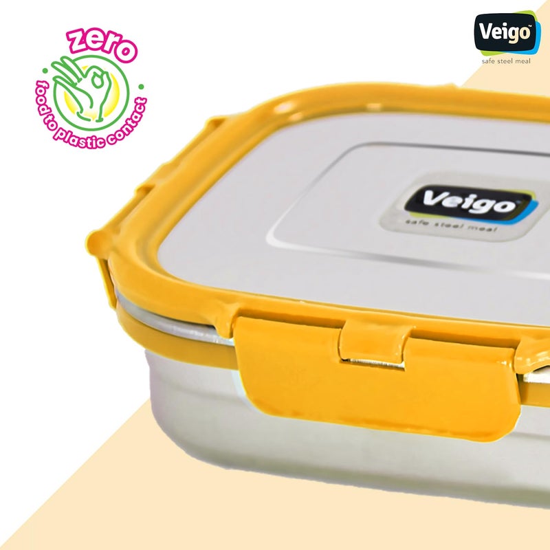 Veigo Veigo Original Stainless Steel Large Lunch Box630 ml Airtight Leakproof Freezer Dishwasher Safe Kids Lunch Box for School Silicone Ring Polymer Frame Safe Lid Lock Yellow - Image 5
