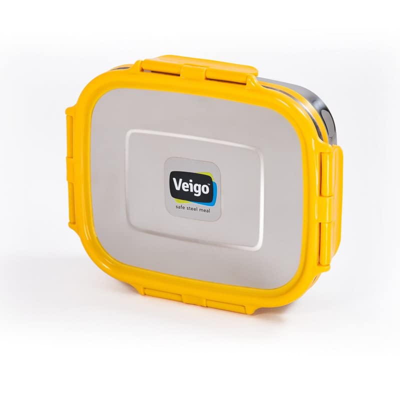 Veigo Veigo Original Stainless Steel Large Lunch Box630 ml Airtight Leakproof Freezer Dishwasher Safe Kids Lunch Box for School Silicone Ring Polymer Frame Safe Lid Lock Yellow - Image 1