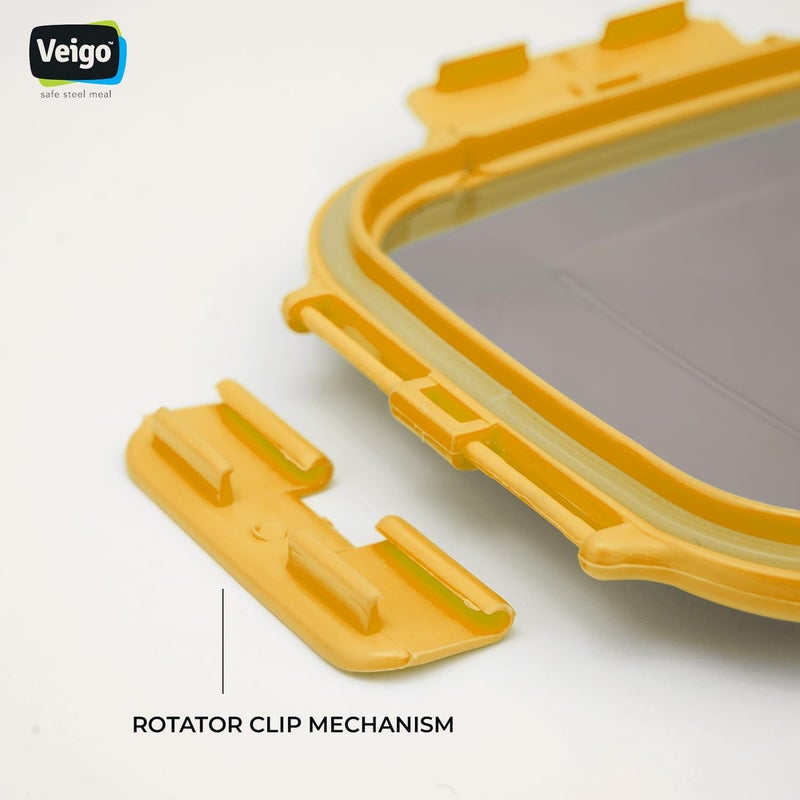 Veigo Veigo Original Stainless Steel Large Lunch Box630 ml Airtight Leakproof Freezer Dishwasher Safe Kids Lunch Box for School Silicone Ring Polymer Frame Safe Lid Lock Yellow - Image 2