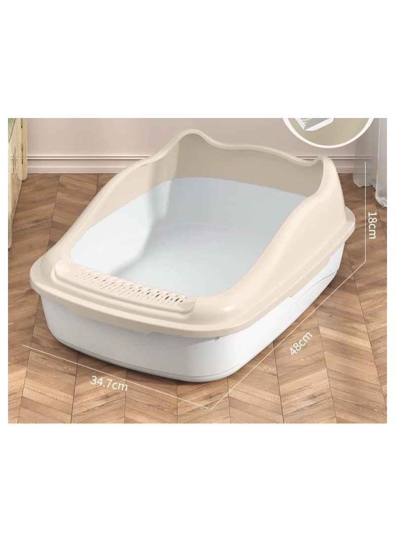 Cat Litter Tray Box Litter Box with High Side Anti-Splashing Cats Litters Pan Kitten Toilet with Litter Sifting Scoop with Scoop Kitten Detachable Rim Easy Cleaning White
