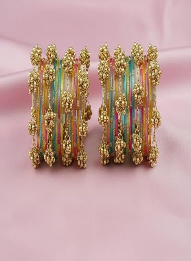 BANGLESKART 16pc Raindrop Light Multi Glass Bangles Set Kashmiri Ghunghru Chuda with Cowrie Shell Kaudi Charms Jewelry Women Multicolor - Image 4