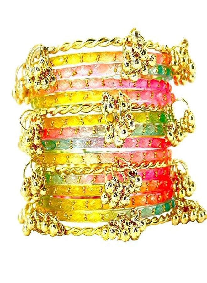 BANGLESKART 16pc Raindrop Light Multi Glass Bangles Set Kashmiri Ghunghru Chuda with Cowrie Shell Kaudi Charms Jewelry Women Multicolor - Image 5