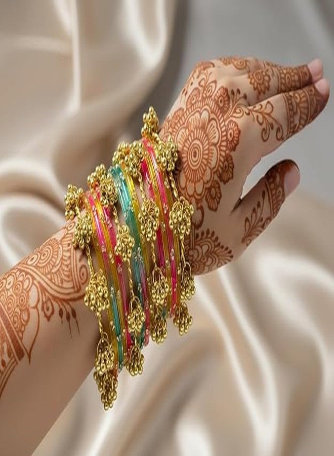 BANGLESKART 16pc Raindrop Light Multi Glass Bangles Set Kashmiri Ghunghru Chuda with Cowrie Shell Kaudi Charms Jewelry Women Multicolor - Image 3