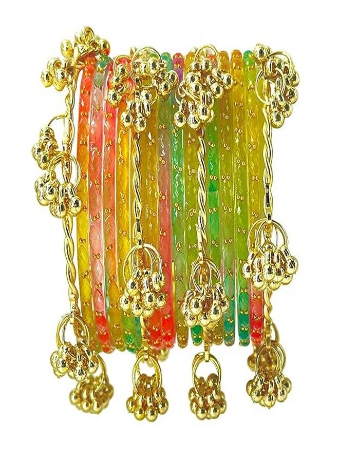BANGLESKART 16pc Raindrop Light Multi Glass Bangles Set Kashmiri Ghunghru Chuda with Cowrie Shell Kaudi Charms Jewelry Women Multicolor - Image 2