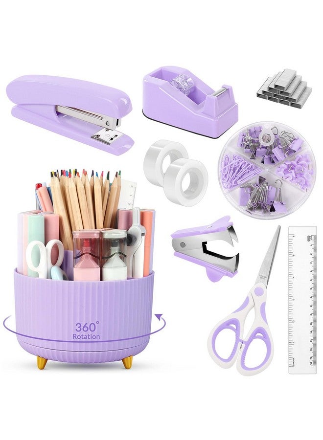 Skydue Purple Office Supplies Set, Purple Office Desk Accessories 10Pcs, Pencil Holder For Desk, Stapler, Tape Dispenser, Scissors, Ruler, Binder/Paper Clips And 1000Pcs Staples,Desk Supplies Set - Image 1