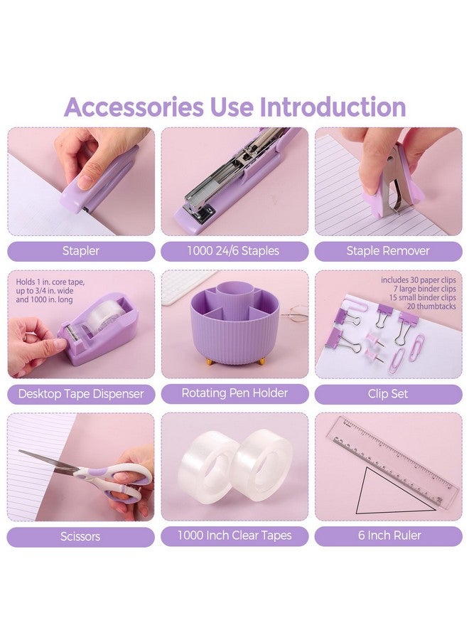 Skydue Purple Office Supplies Set, Purple Office Desk Accessories 10Pcs, Pencil Holder For Desk, Stapler, Tape Dispenser, Scissors, Ruler, Binder/Paper Clips And 1000Pcs Staples,Desk Supplies Set - Image 3