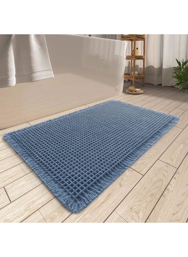AMOAMI Upgraded Waffle Bath Mat, Super Absorbent Non Slip Bath Mats for Bathroom Floor, Machine Washable Bathroom Rugs with Tassels, Rubber Backed Bathroom Mats, Ultra Soft, 18" x 30", Blue - Image 1