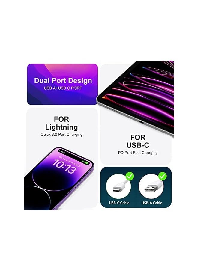 ماركة غير محددة شاحن حائط USB C pack 3، محول طاقة مزدوج بقدرة 20 واط QC+PD 3.0، كتلة شحن سريعة مزدوجة لهواتف iPhone 13/14/15/16/16 Pro/Pro Max/Plus، XS/XR/X، ساعة Series 8/7 مكعب، أبيض  - Image 4