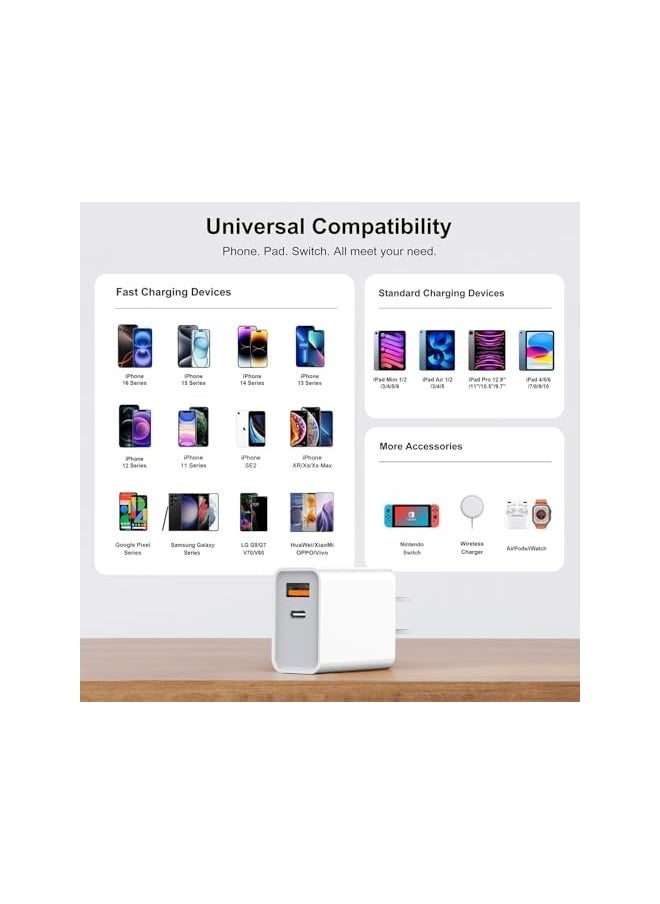 ماركة غير محددة شاحن حائط USB C pack 3، محول طاقة مزدوج بقدرة 20 واط QC+PD 3.0، كتلة شحن سريعة مزدوجة لهواتف iPhone 13/14/15/16/16 Pro/Pro Max/Plus، XS/XR/X، ساعة Series 8/7 مكعب، أبيض  - Image 3