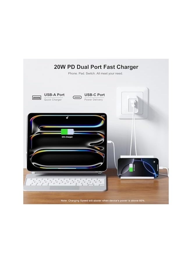 ماركة غير محددة شاحن حائط USB C pack 3، محول طاقة مزدوج بقدرة 20 واط QC+PD 3.0، كتلة شحن سريعة مزدوجة لهواتف iPhone 13/14/15/16/16 Pro/Pro Max/Plus، XS/XR/X، ساعة Series 8/7 مكعب، أبيض  - Image 2