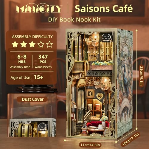 MiniCity Book Nook Kit DIY Doll House Booknook Miniature Kit for Bookshelf Doll Houses for Adults Teen Halloween 3D Wooden Puzzle Bookends with Led Light and Dust Cover Saisons Caf - Image 5
