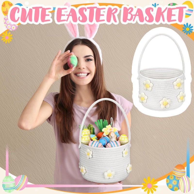 FoldTier Large Easter Basket with Handle 9''x7''x6'' Woven Easter Basket Empty Baby Gift Egg Hunt Rope Storage Organizer Cute Floral Bag Carrying Candy Stuffed for Birthday Baby Shower Nursery Room - Image 5
