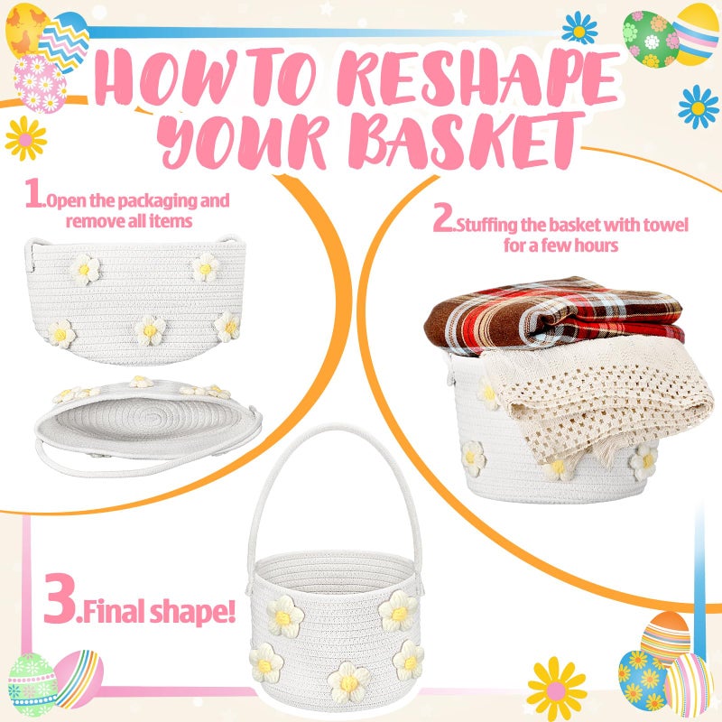 FoldTier Large Easter Basket with Handle 9''x7''x6'' Woven Easter Basket Empty Baby Gift Egg Hunt Rope Storage Organizer Cute Floral Bag Carrying Candy Stuffed for Birthday Baby Shower Nursery Room - Image 3