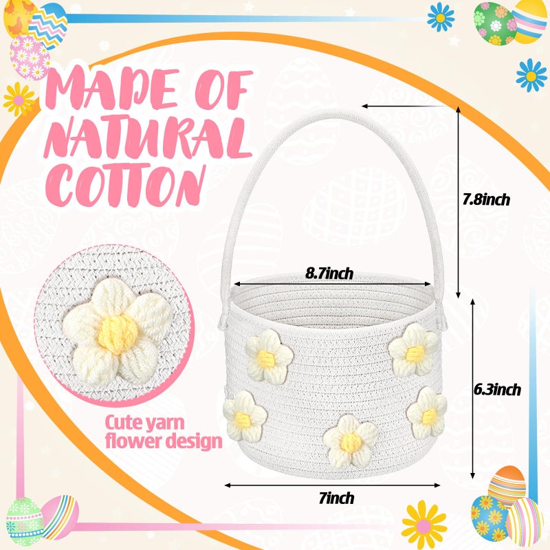 FoldTier Large Easter Basket with Handle 9''x7''x6'' Woven Easter Basket Empty Baby Gift Egg Hunt Rope Storage Organizer Cute Floral Bag Carrying Candy Stuffed for Birthday Baby Shower Nursery Room - Image 2