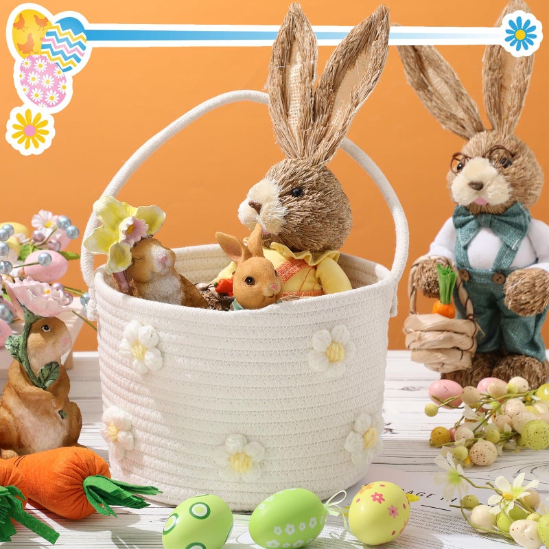 FoldTier Large Easter Basket with Handle 9''x7''x6'' Woven Easter Basket Empty Baby Gift Egg Hunt Rope Storage Organizer Cute Floral Bag Carrying Candy Stuffed for Birthday Baby Shower Nursery Room - Image 1