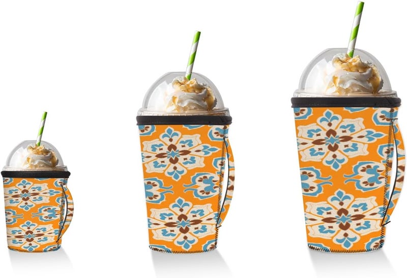 30-32oz Reusable Orange Tile Iced Coffee Sleeves 16-32oz Insulator Sleeves with Handle for Cold Drinks Beverages Drink Sleeve Holder for Popular Brands Coffee Cup-L - Image 5
