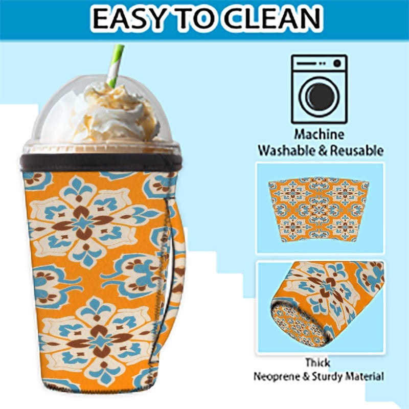 30-32oz Reusable Orange Tile Iced Coffee Sleeves 16-32oz Insulator Sleeves with Handle for Cold Drinks Beverages Drink Sleeve Holder for Popular Brands Coffee Cup-L - Image 4