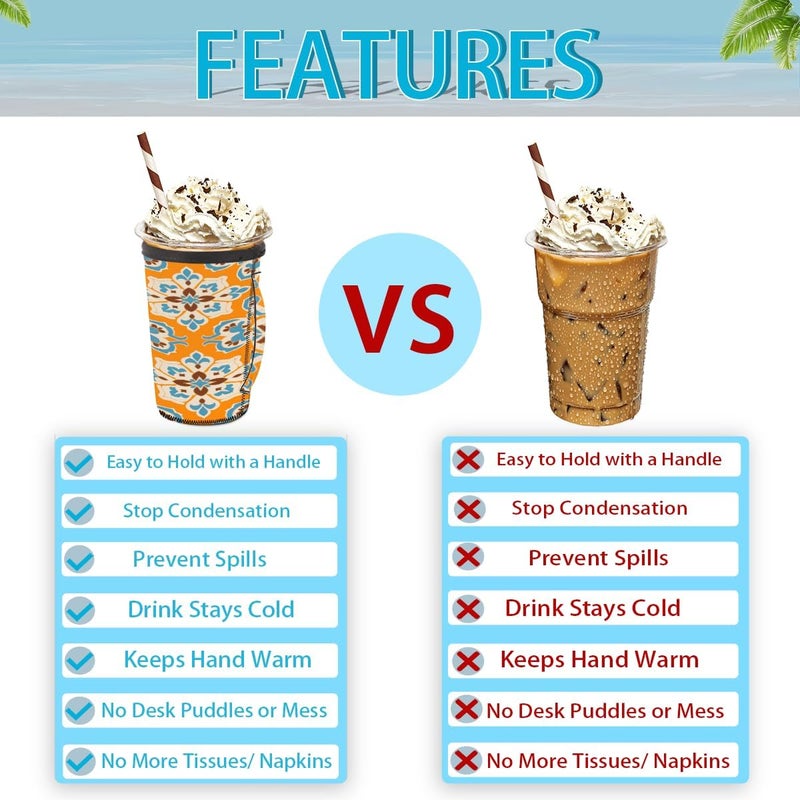 30-32oz Reusable Orange Tile Iced Coffee Sleeves 16-32oz Insulator Sleeves with Handle for Cold Drinks Beverages Drink Sleeve Holder for Popular Brands Coffee Cup-L - Image 3
