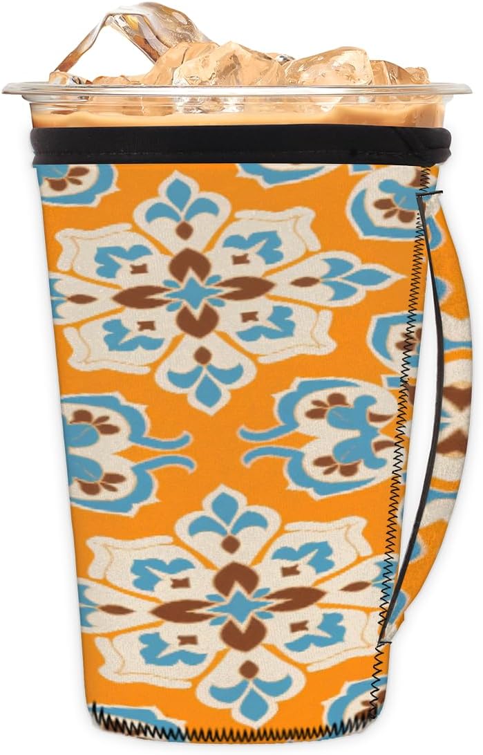 30-32oz Reusable Orange Tile Iced Coffee Sleeves 16-32oz Insulator Sleeves with Handle for Cold Drinks Beverages Drink Sleeve Holder for Popular Brands Coffee Cup-L - Image 1