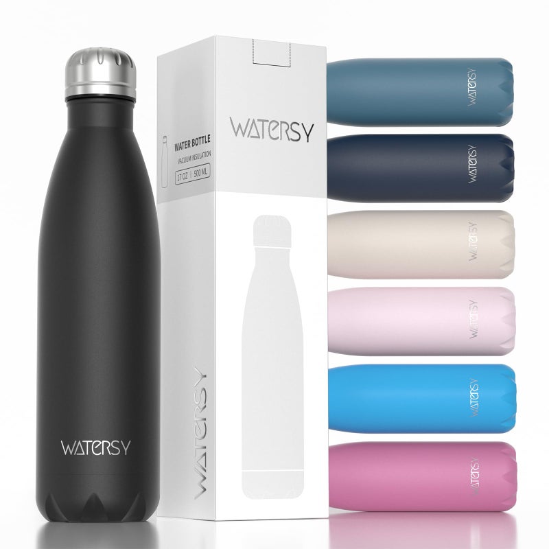 WATERSY Stainless Steel water bottles,17oz/500ml Insulated Water Bottles,Black metal water bottle Keeps Drink Cold and Hot,BPA Free kids water bottles for School,Gym,Travel,Sports - Image 1