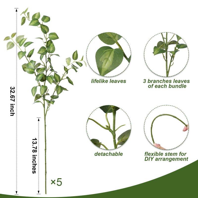 HyeFlora 5PCS Artificial Eucalyptus Leaves Stem Plants for Spring Decor, 32.7 inch Fake Leaves Greenery Branches Green Shrubs Silk Faux Foliage DIY Stems for Festival Home Kitchen Farmhouse(Green) - Image 3