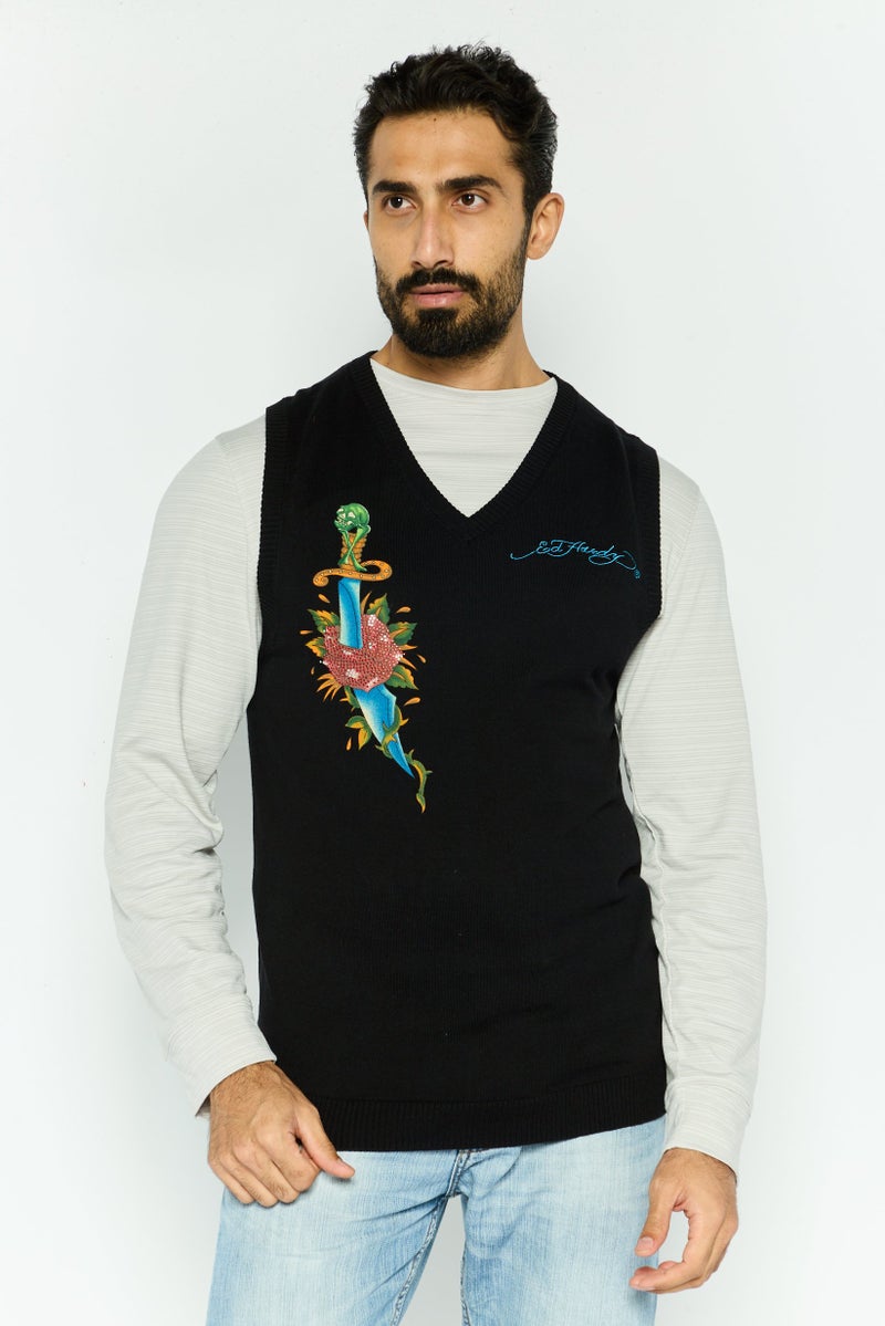 Ed Hardy سترة بلا أكمام للرجال بتصميم على شكل حرف V مع شعار مطرز، مجموعة سوداء - Image 1