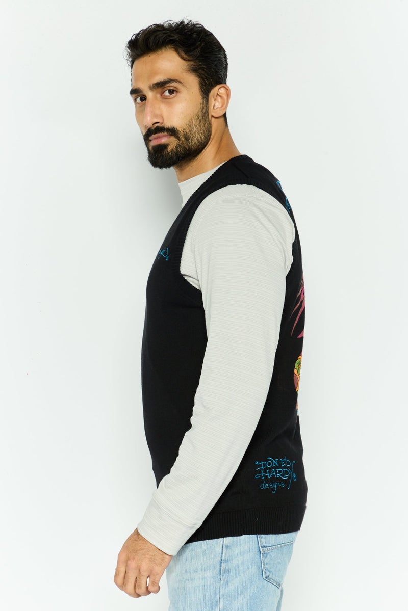 Ed Hardy سترة بلا أكمام للرجال بتصميم على شكل حرف V مع شعار مطرز، مجموعة سوداء - Image 2