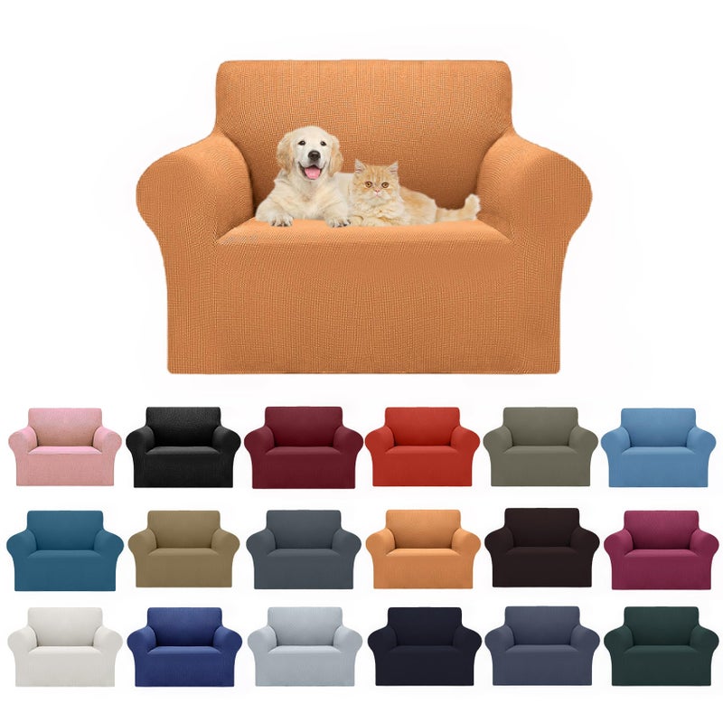 Cupuamon 2024 Newest Stretch Chair Sofa Slipcovers Couch Cover for 1 Seater Furniture Protector Sofa Covers with Elastic Bottom Jacquard Fabric Small Checks for Pets  Kids - Golden - Image 1