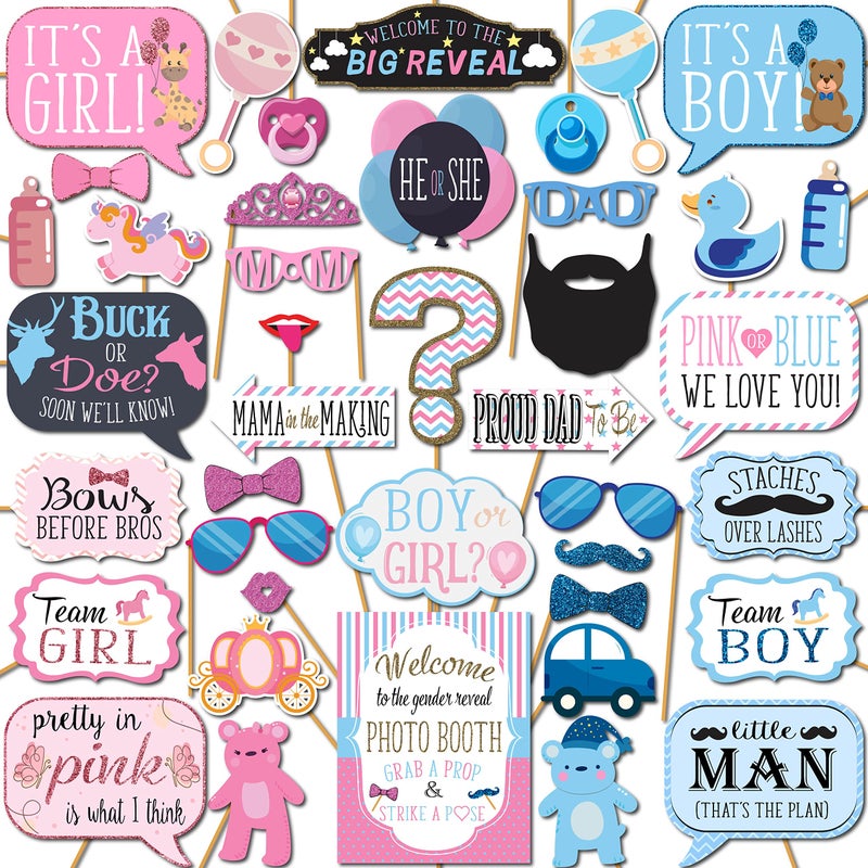 Gender Reveal Photo Booth Props  41pc Photobooth Kit with 8 x 10Inch Sign 60 Adhesive Pads 45 Sticks  Baby Gender Reveal Party Supplies for Backdrop