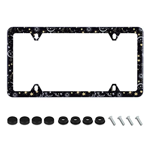 UNINDREM Galaxy Moon and Stars License Plate Frame Starry Sky Planets License Plate Holder Stainless Steel Auto Parts Decoration with Screws for Men Women License Plate 4 Holes 1pcs - Image 1
