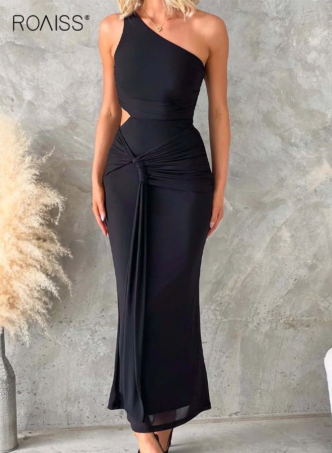 roaiss Women's One-Shoulder Black Dress Summer Elegant Temperament Mesh Tie Dress Sleeveless Slant Collar Waist Hollow Ladies Ankle Length Dress - Image 3