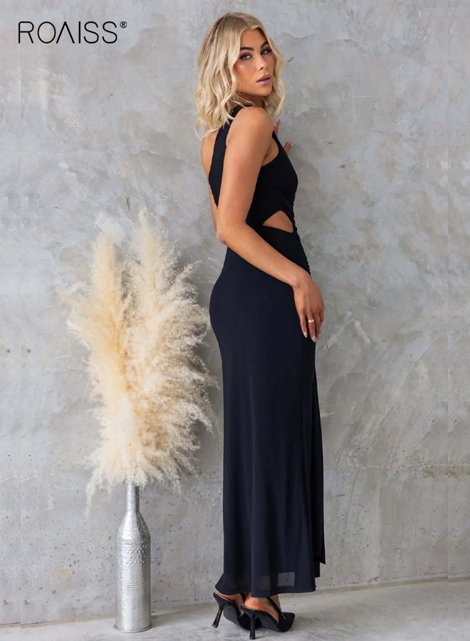 roaiss Women's One-Shoulder Black Dress Summer Elegant Temperament Mesh Tie Dress Sleeveless Slant Collar Waist Hollow Ladies Ankle Length Dress - Image 2