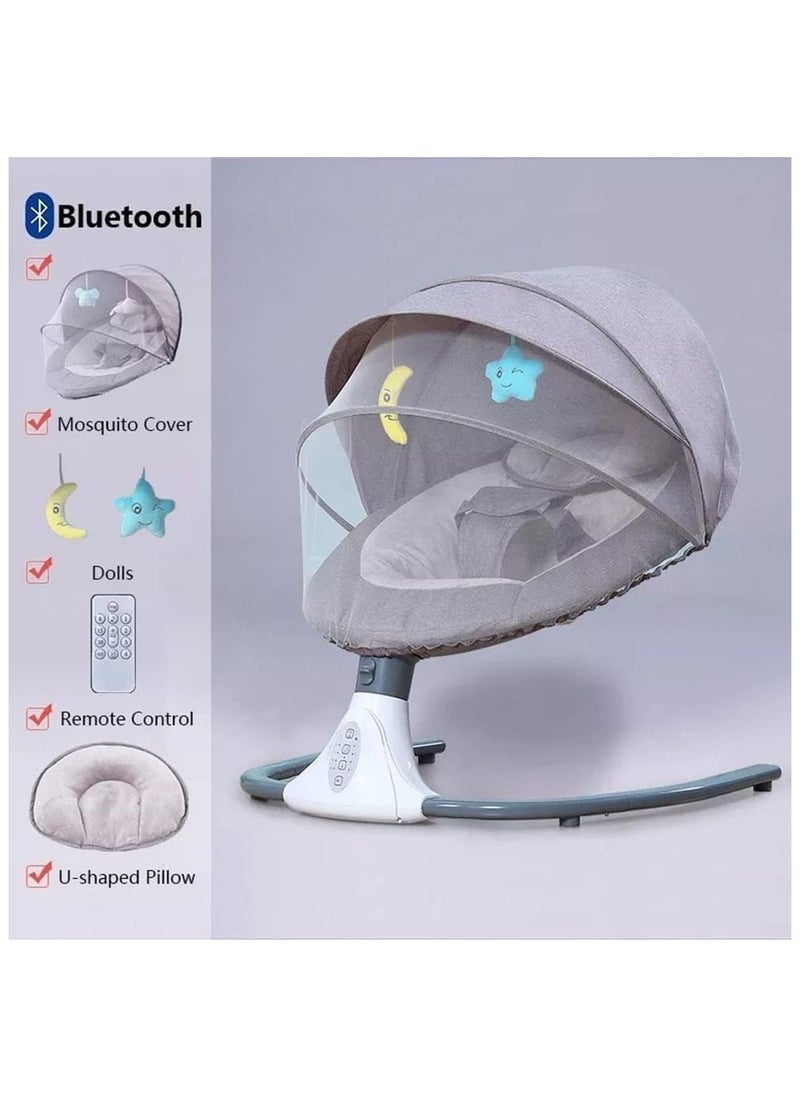 Baby Electric Rocking Chair, Portable Baby Swing Crib for Infants with Mosquito Net, 4 Speed Infant Swing Smart Bluetooth Electric Cradle with Remote Control (Grey)