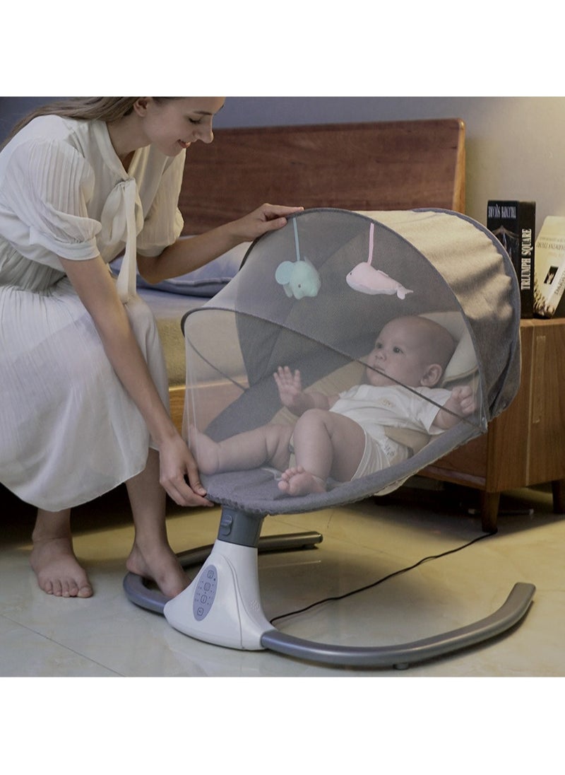 Baby Electric Rocking Chair, Portable Baby Swing Crib for Infants with Mosquito Net, 4 Speed Infant Swing Smart Bluetooth Electric Cradle with Remote Control (Grey)
