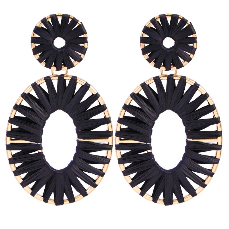 BaubleStar Raffia Tassel Fringe Rattan Hoop Drop Statement Earrings Black Tiered Thread Handmade Round Oval Cirle Dangle Fashion Jewelry for Women - Image 1