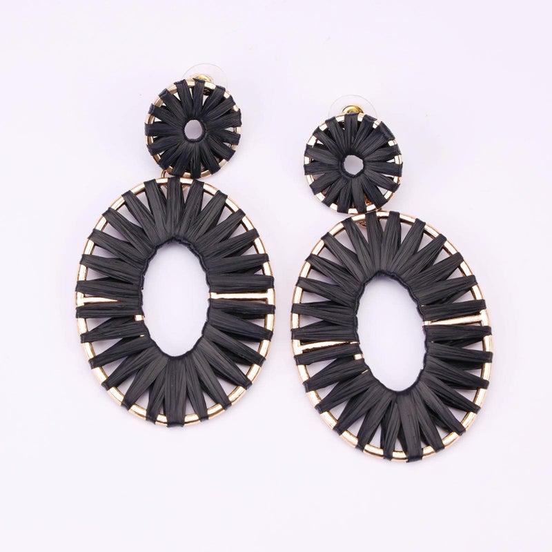 BaubleStar Raffia Tassel Fringe Rattan Hoop Drop Statement Earrings Black Tiered Thread Handmade Round Oval Cirle Dangle Fashion Jewelry for Women - Image 3
